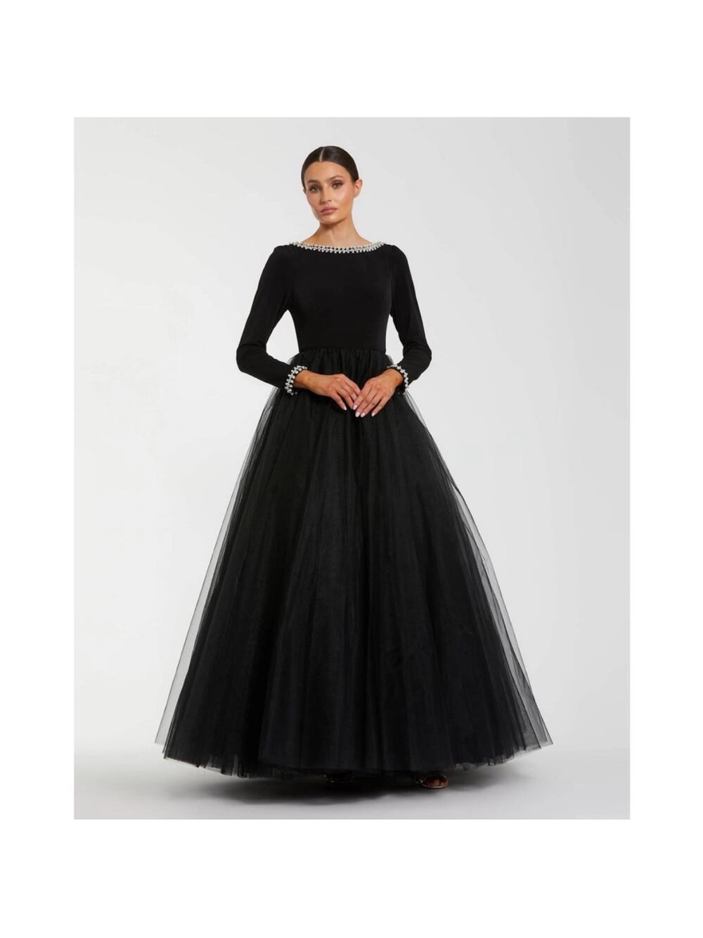 Mac Duggal 56186 Black Embellished Jersey Long Sleeve Ball Gown Tulle Sz 14 NWOT